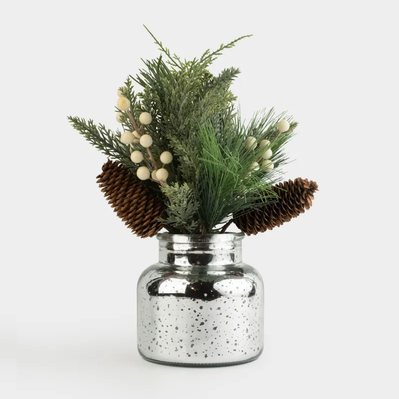 Decorative composition, 35 cm, potted, plastic / glass, Needles with beads, Conifer decor
