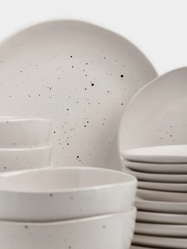 Dining set, 6 persons, 18 items, ceramic, milky, speckled, Uneven edge, Xoras, image-1