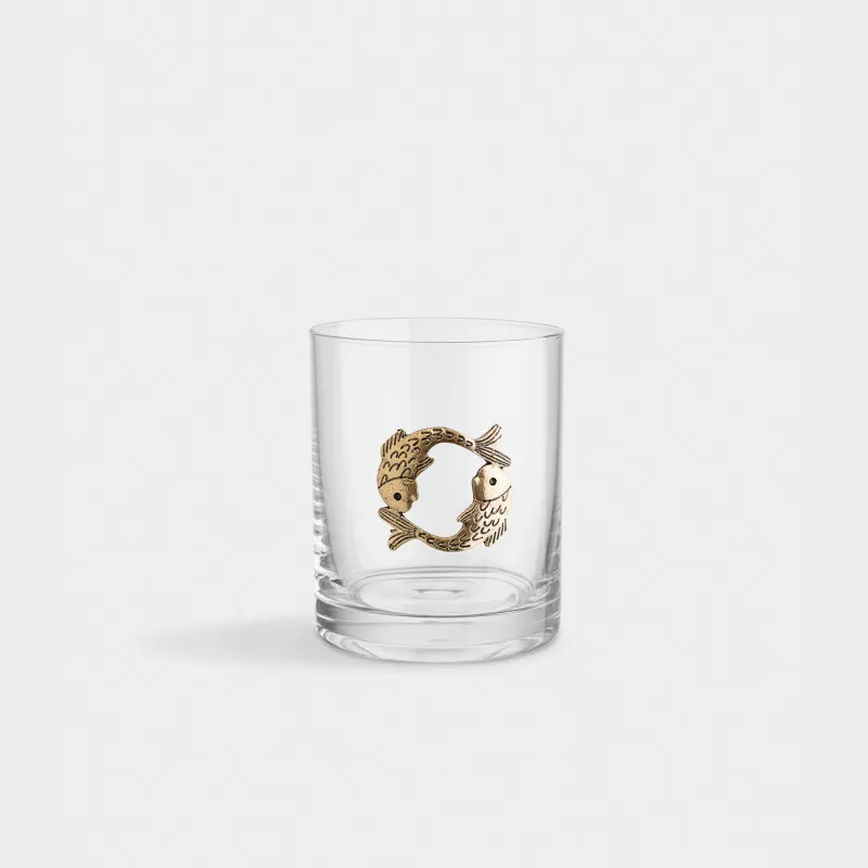 Drinking glass, 10 cm, 340 ml, glass/metal, golden, Pisces, Zodiac