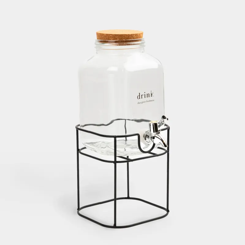Beverage dispenser, 3 L, on a stand, Glass / cork / metal, Clear font