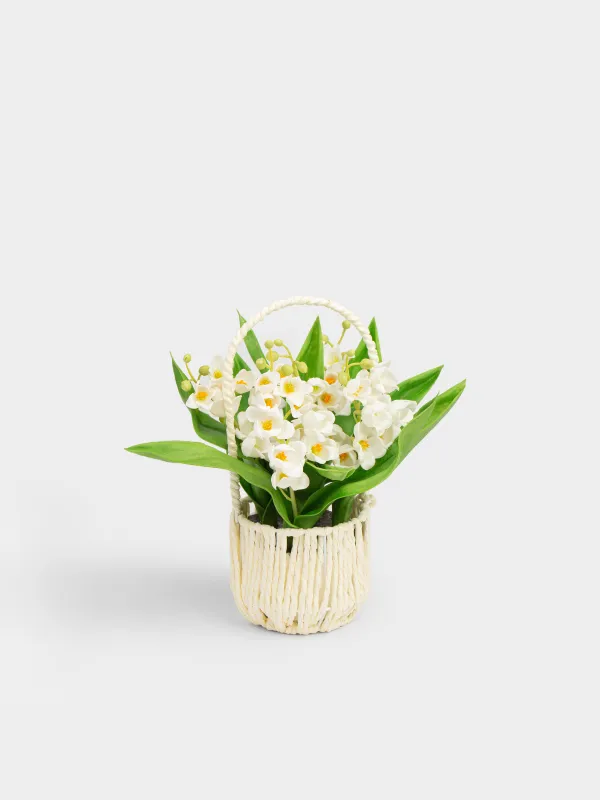 Artificial plant, 25 cm, in a basket, polyurethane / PVC, White lilies of the valley, May-lily, image-0