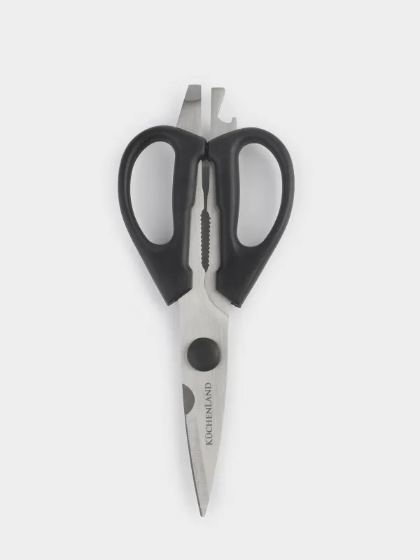 Kitchen scissors, 21 cm, with opener and nutcracker, steel / plastic, black, Black style, image-0