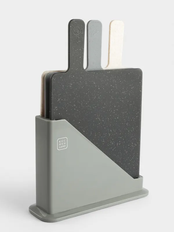 Cutting board, 32x20 cm, 3 pcs, in a stand, plastic, gray / beige / black, Speck, image-0