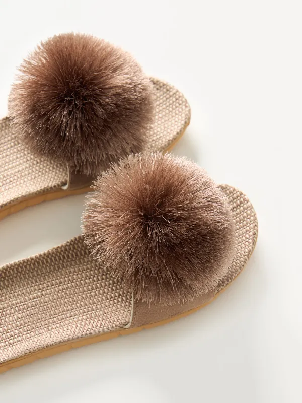 Women's slippers, size 35-36, with pompom, polyester / linen, brown, Pompon, image-2