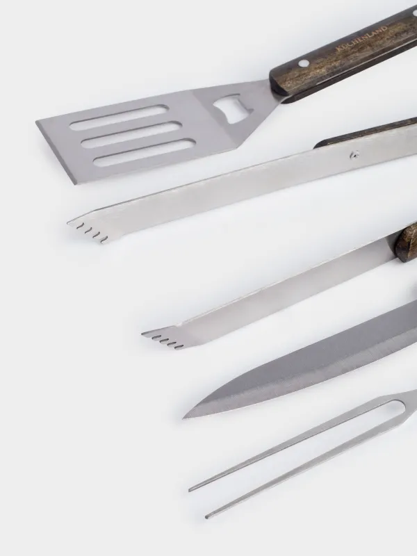 BBQ set, 4 items, in leather case, steel / wood / eco-leather, BBQ, image-3