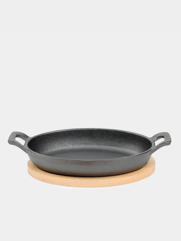 Frying pan, 18 cm, on a stand, with handles, cast iron / bamboo, oval, black, Authentic, image-0