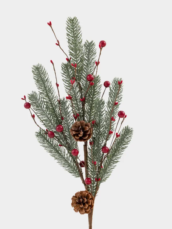 Decorative branch, 80 cm, plastic / foam, Red berries and needles, Red berry, image-1