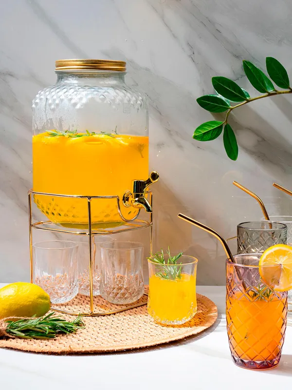 Set for drinks, 4 pers, 5 pr, dispenser on stand, gold, glass / metal, Regale, image-12