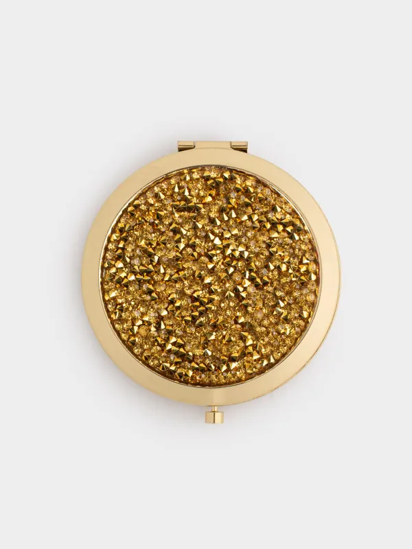 Pocket mirror, 7 cm, double-sided, steel, gold, Sequins, Actress, image-3