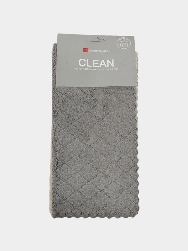 Kitchen cloth, 30x30 cm, 2 pcs, microfiber, beige/gray, Pile with patterns, Clean, image-0