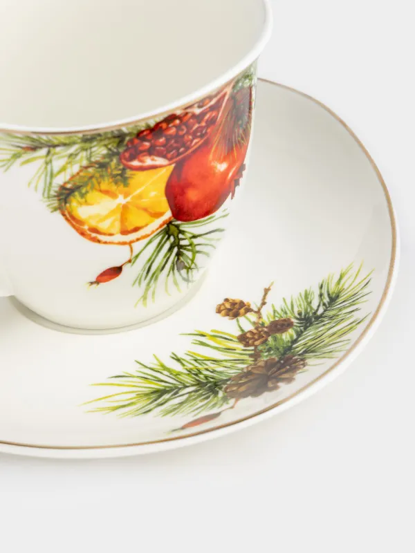 Tea pair, 1 person, 2 items, 250 ml, porcelain N, white, with golden edging, Pomegranates and orange, Christmas miracle, image-3