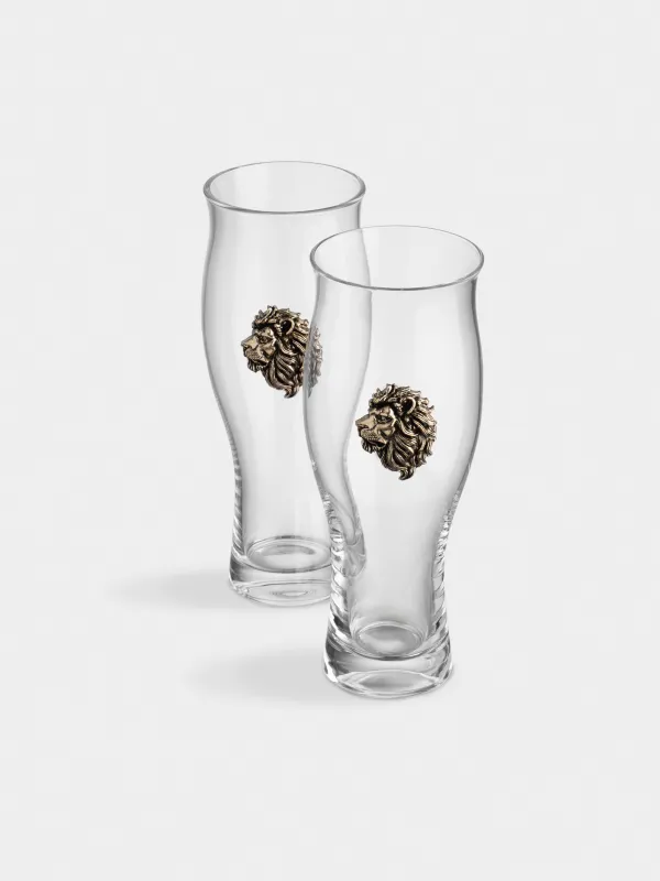 Drinking glass, 17 cm, 600 ml, 2 pcs, glass / metal, Golden lion, Lux elements, image-1
