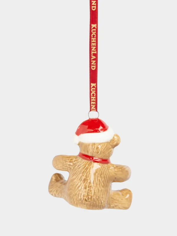 Christmas tree toy, 6 cm, ceramic, milky, Bear with bow, Figure christmas, image-1