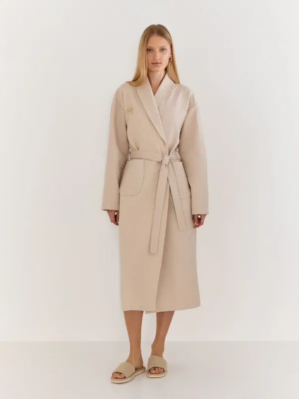 Women's robe, homewear, size S, with long sleeves, waffle, cotton, milky, Lucky, Stefani, image-0