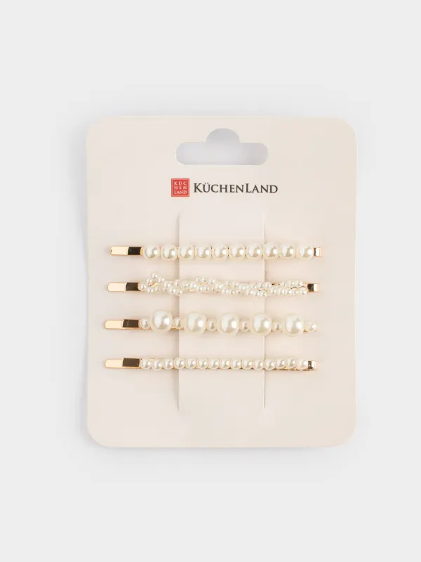 Hair clip set, 7 cm, 4 pcs, metal / plastic, milky, Beads, Pearl, image-4