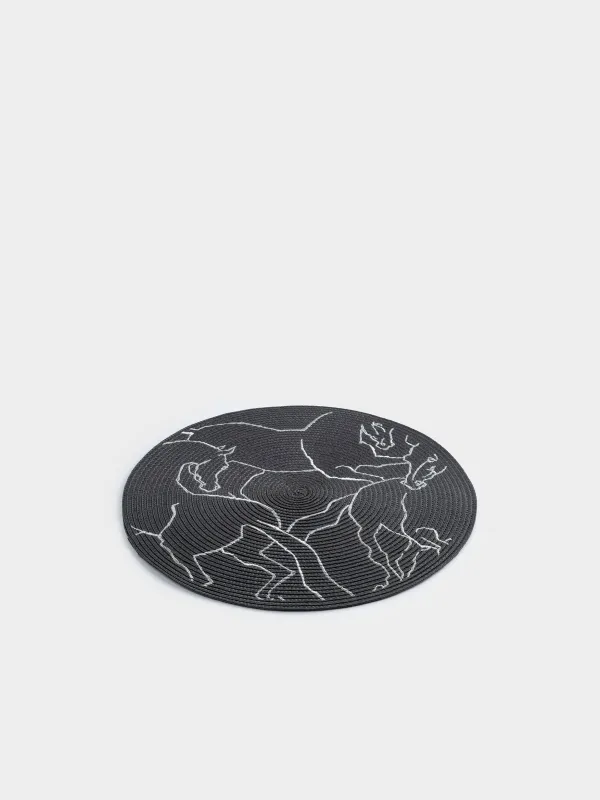 Placemat, 38 cm, polyester, round, dark grey, Horses, Circle embroidery, image-1