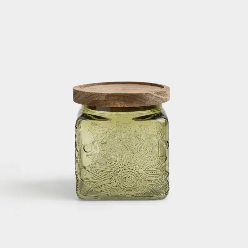 Bulk products jar, 550 ml, glass R / wood, green, Flowers, Bloome wood