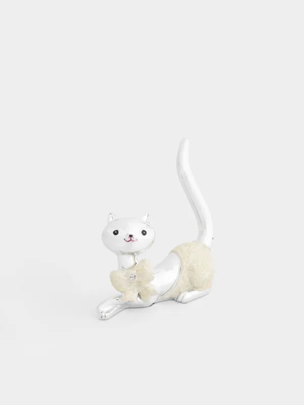 Jewelry holder, 9 cm, Polyresin, Silver, Cat with bow, Cat, image-1