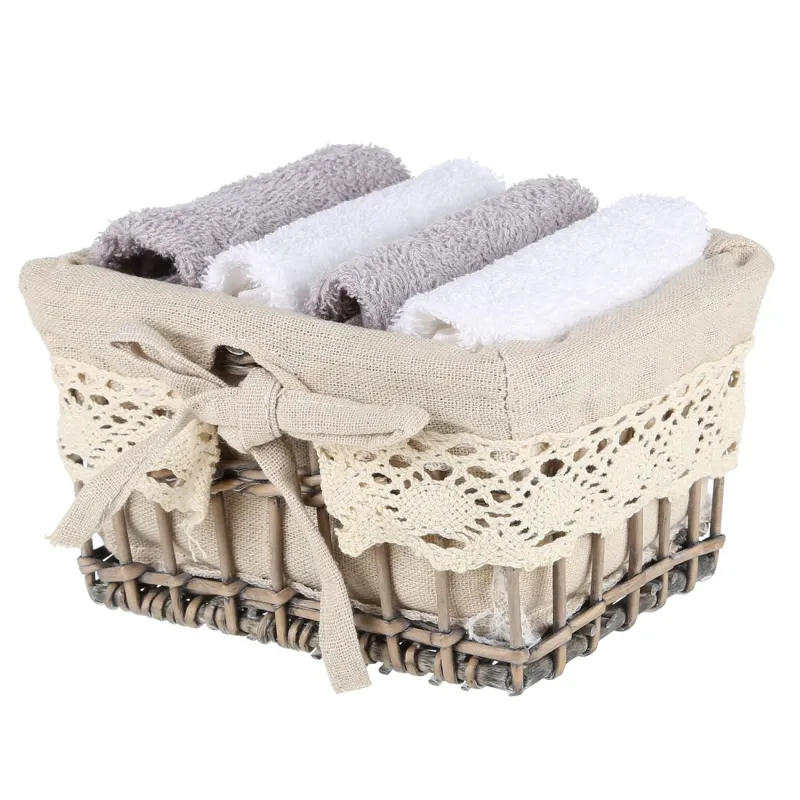 Towel, 30x30 cm, 4 pcs, in a basket, cotton / wood, white / gray, Basket towel, image-2