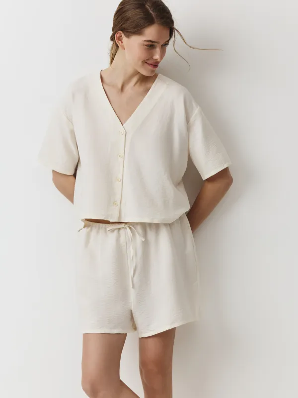 Women's shirt, homewear, size L, short sleeve, polyester, milky, Marlla, image-1