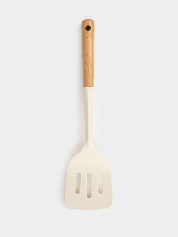 Spatula, 32 cm, with slots, silicone/wood, milky, Legerity, image-1