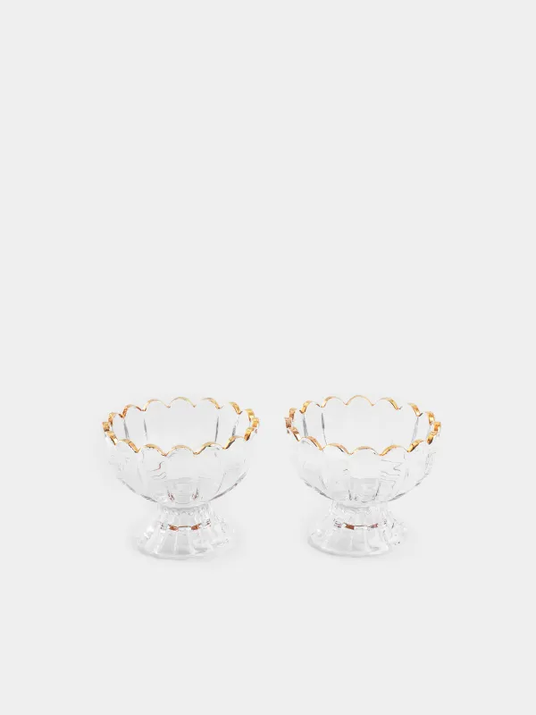 Cream bowl, 7 cm, 2 pcs, on a leg, glass R, with golden edging, Ribby gold, image-1