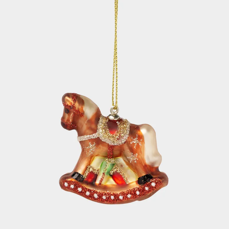 Christmas tree toy, 4 cm, glass, with glitter, brown, Rocking horse, Figure christmas