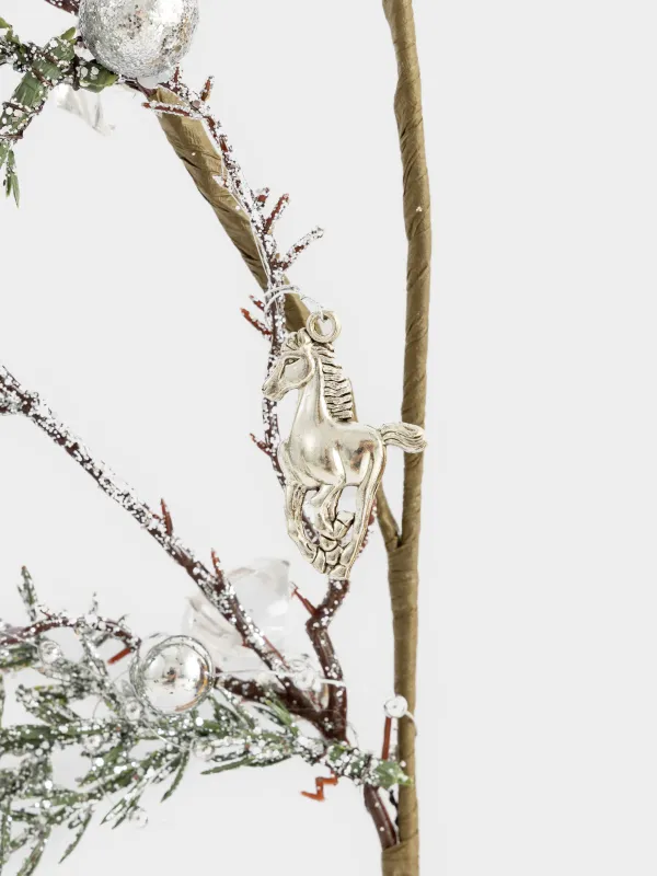 Decorative branch, 65 cm, plastic, Silver spruce with horses, Conifer silver, image-2