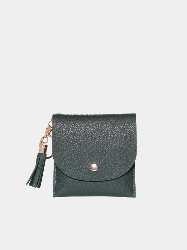 Women's wallet, 10x10 cm, with a button, with tassel, polyurethane, green, Memo, image-0