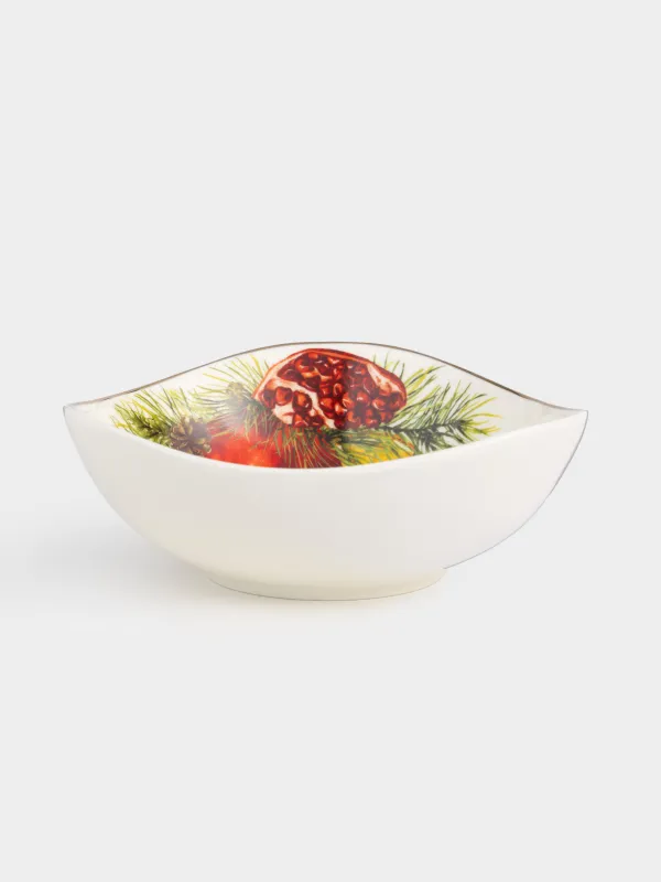 Bowl, 14x5 cm, porcelain N, white, with golden edging, Pomegranates and orange, Christmas miracle, image-0