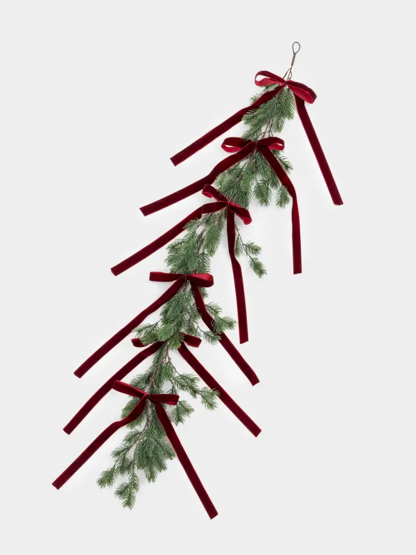 Decorative garland branch, 1.3 m, polyethylene, Spruce with red bows, Conifer decor, image-1