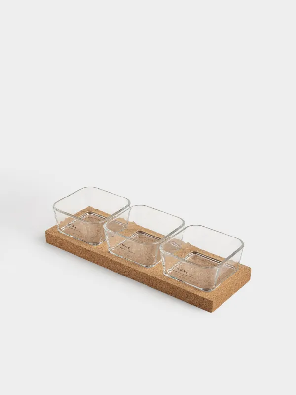 Snack set, 3 items, on a stand, Glass / cork, Clear cork, image-2