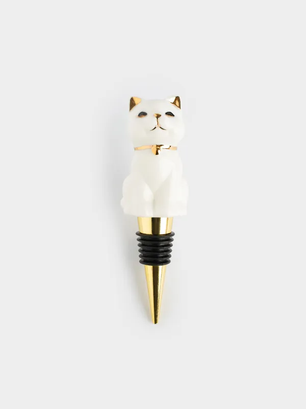 Bottle stopper, 13 cm, steel / porcelain P, white and gold, Cat, Cat, image-0