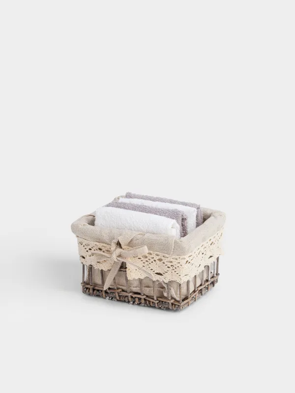 Towel, 30x30 cm, 4 pcs, in a basket, cotton / wood, white / gray, Basket towel, image-1