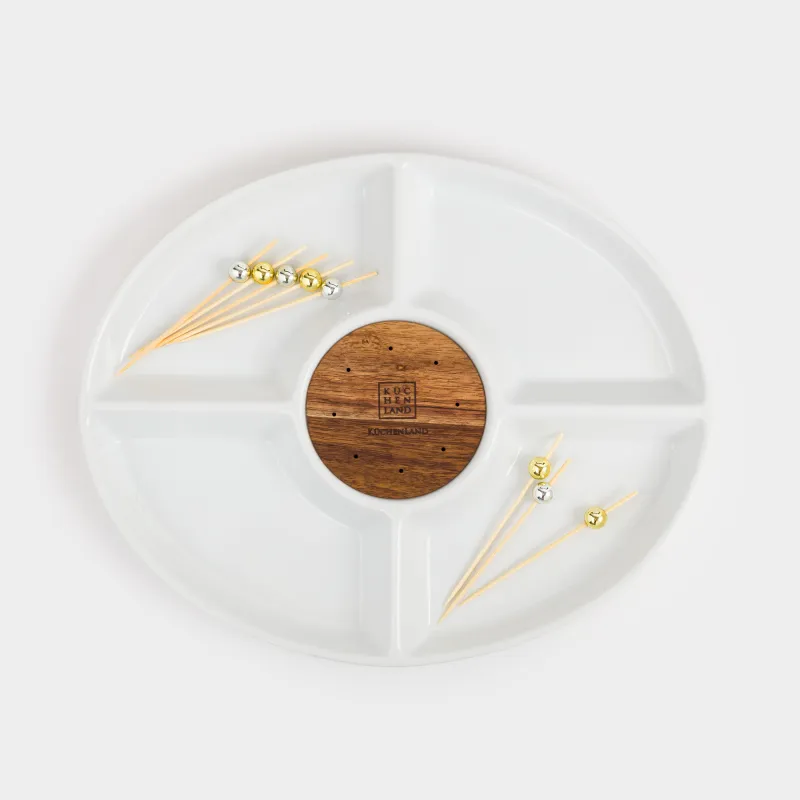 Divided plate, 27x22 cm, 4 compartments, with skewers, porcelain / bamboo, white, Light kitchen, image-3