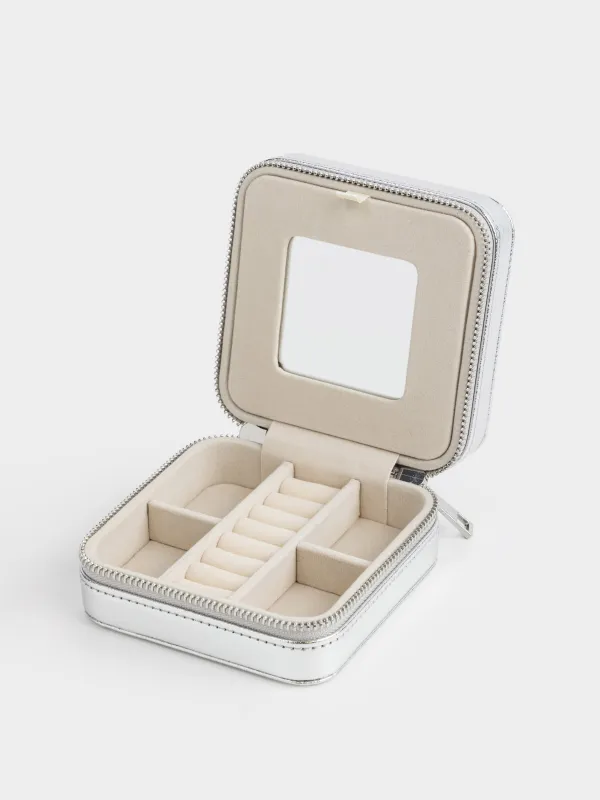 Jewelry box, 12x12 cm, with mirror, PU leather / MDF, silver, Premiere small, image-3