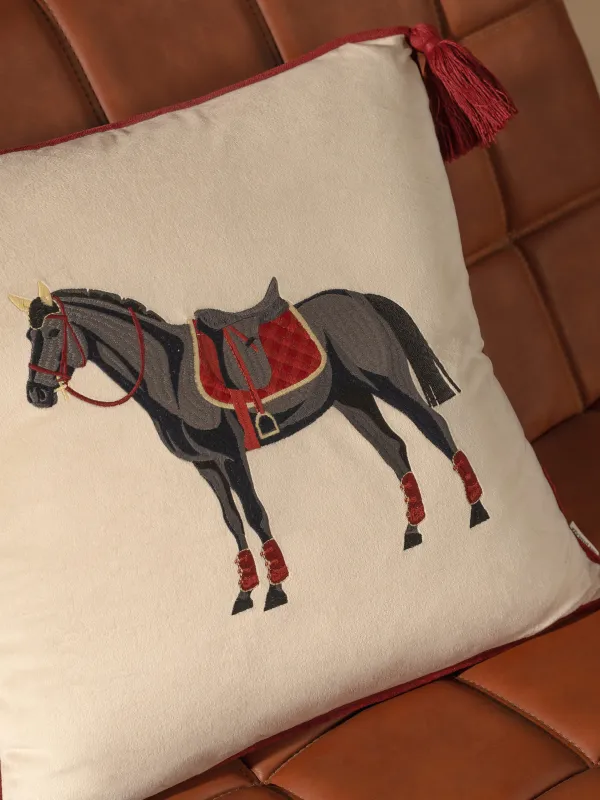 Decorative pillow, 45x45 cm, with tassels, velvet / lurex, burgundy-milk, Horse, Warhorse, image-3