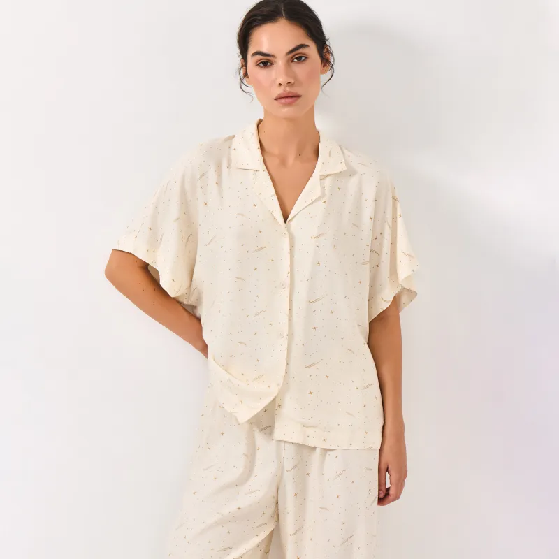 Women's shirt, homewear, size L, with short sleeves, viscose, milky, Stars, Dina