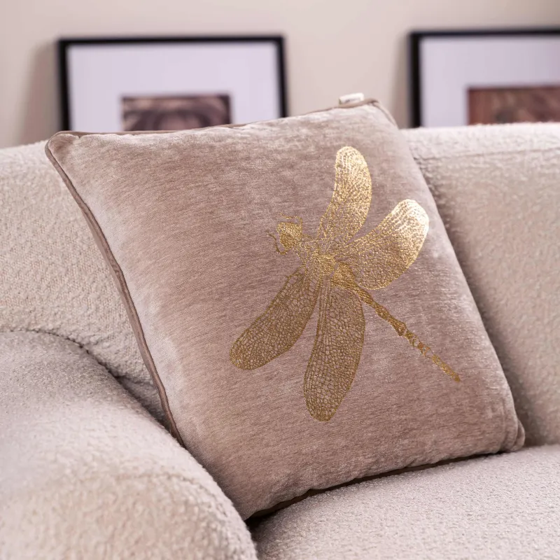 Decorative pillow, 45x45 cm, chenille / corduroy, gray-beige, Dragonfly, Dragonfly