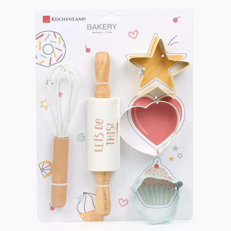 Baking set, 5 items, Rolling pin/whisk /molds, silicone / steel / wood, Shapes, Bakery, image-4