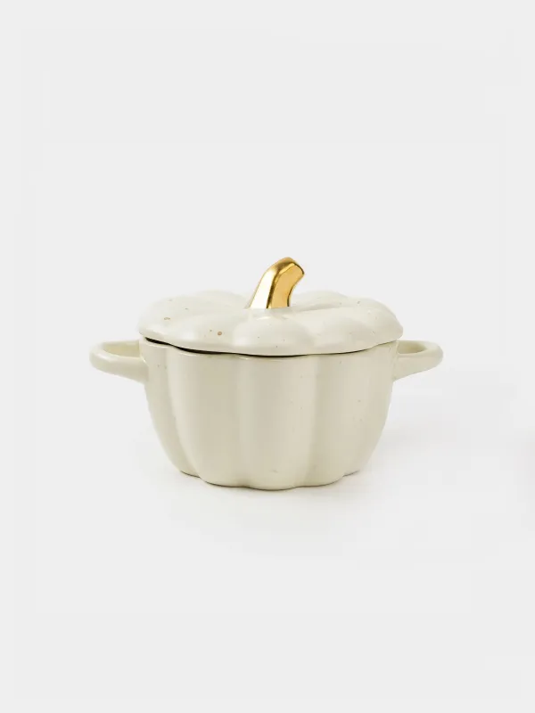 Cocotte, 11 cm, 340 ml, with lid, ceramic, milky golden, speckled, Pumpkin, Gourd, image-0