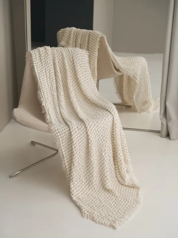 Plaid, 130x170 cm, with fringe, acrylic / polyester, milky beige, Stripes, acrylic, image-0