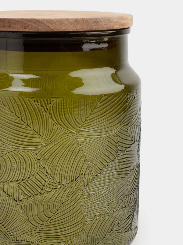 Bulk products jar, 1 l, glass / wood, green, Tropical leaves, Tropical leaves, image-2