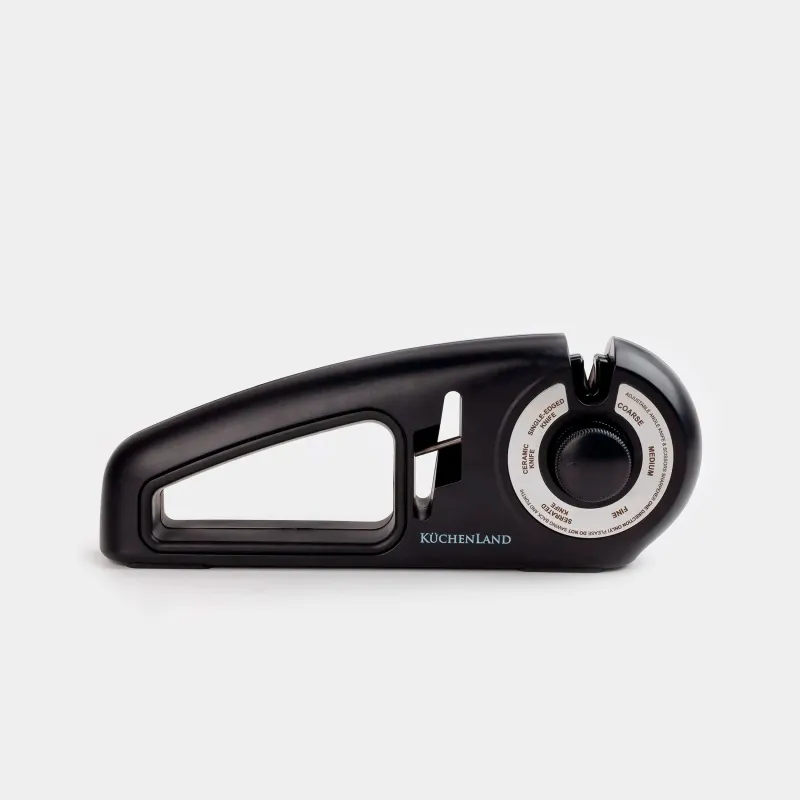 Knife and scissors sharpener, 24 cm, 3 stages/4 types of sharpening, plastic / ceramic, black, Liberica