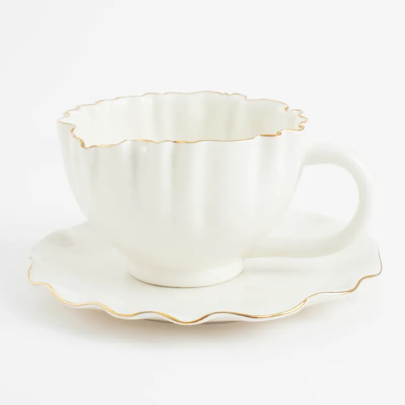 Tea pair, 1 person, 2 items, 350 ml, porcelain P, with golden edging, Crumpled effect, Crumple gold