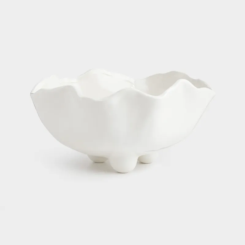 Fruit bowl, 25x13 cm, on legs, ceramic, milky, pearl, Crumpled effect, Crumple polar