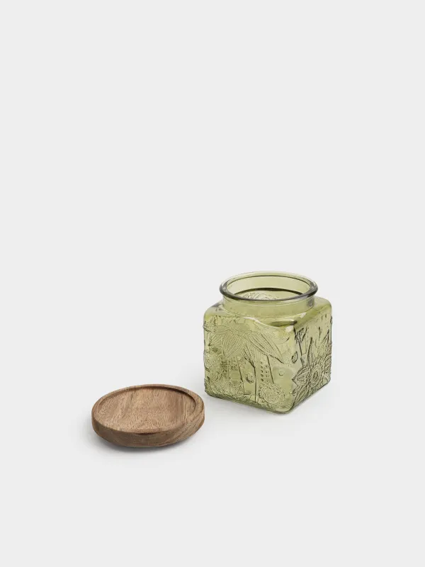 Bulk products jar, 550 ml, glass R / wood, green, Flowers, Bloome wood, image-3
