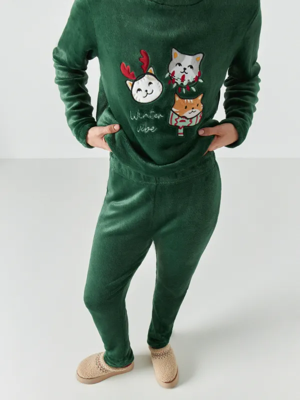 Women's two piece set, homewear, size S, with trousers, fleece, green, Cats, Amber, image-7