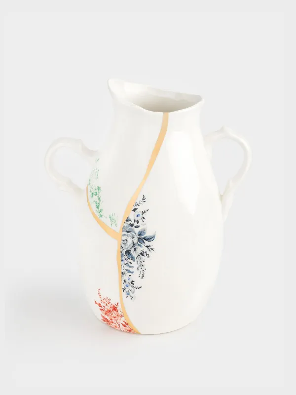 Flower vase, 24 cm, with handles, ceramic, white and gold, Broken print, Revival, image-0
