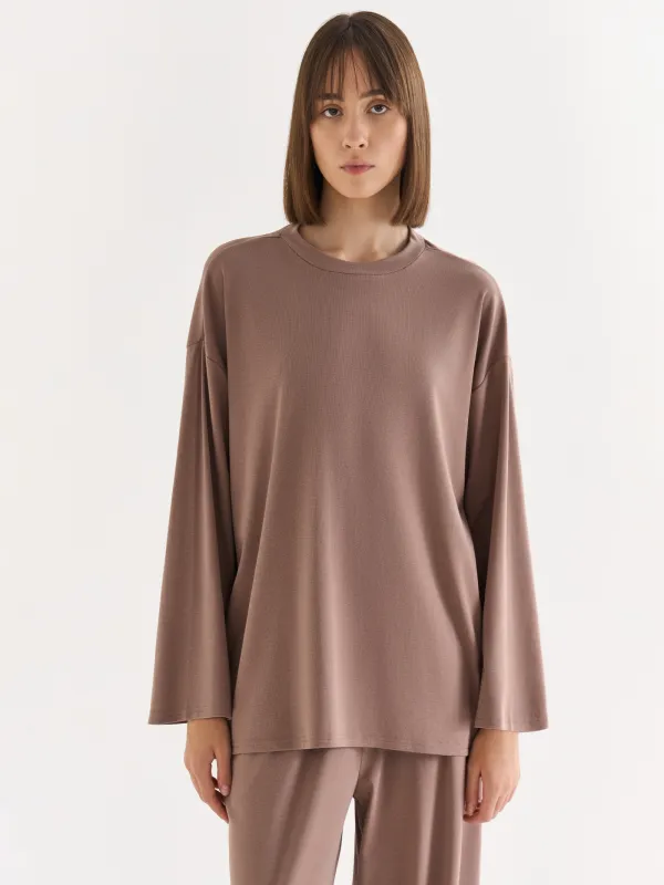 Women's long sleeve, homewear, size L, cotton / viscose/spandex, beige melange, Wiana, image-0